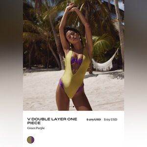 Green and Purple V-Neck One Piece Swimsuit